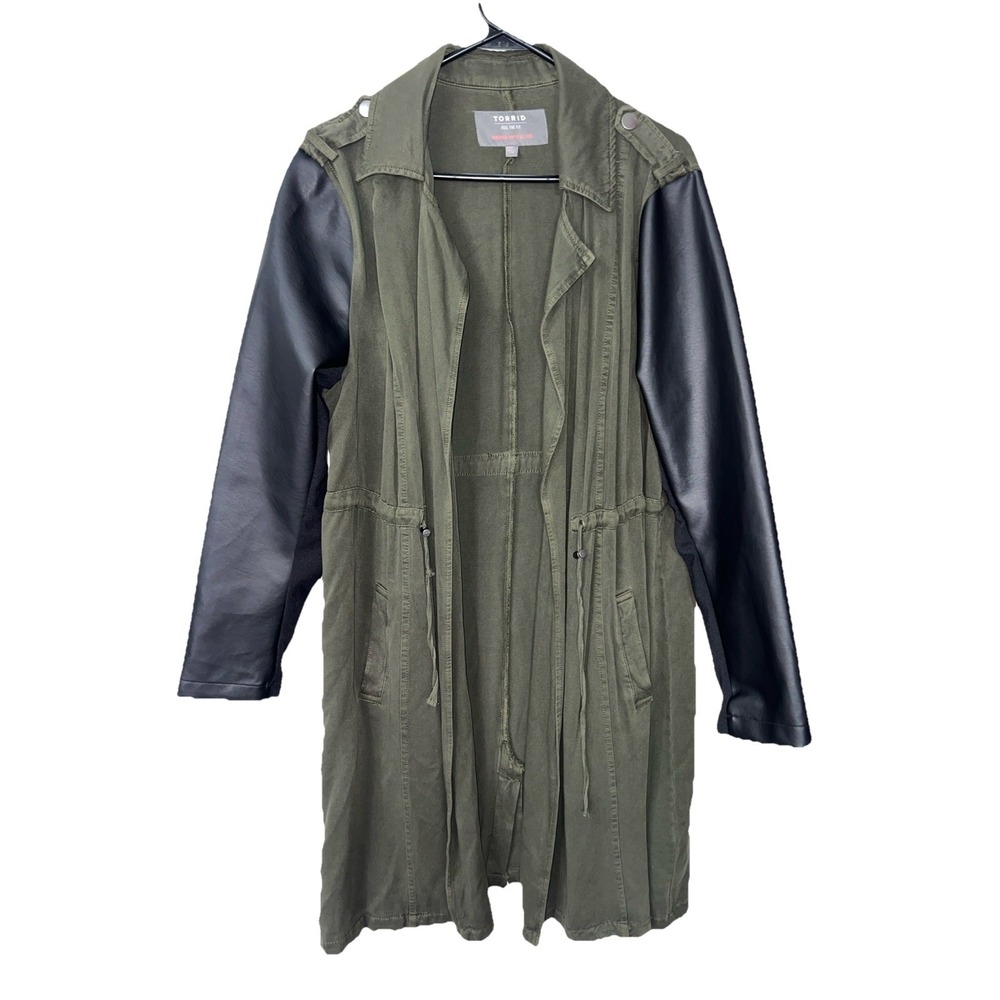 Torrid Womens Twill & Faux Leather Anorak Jacket Sz 0 Olive Green Pockets
